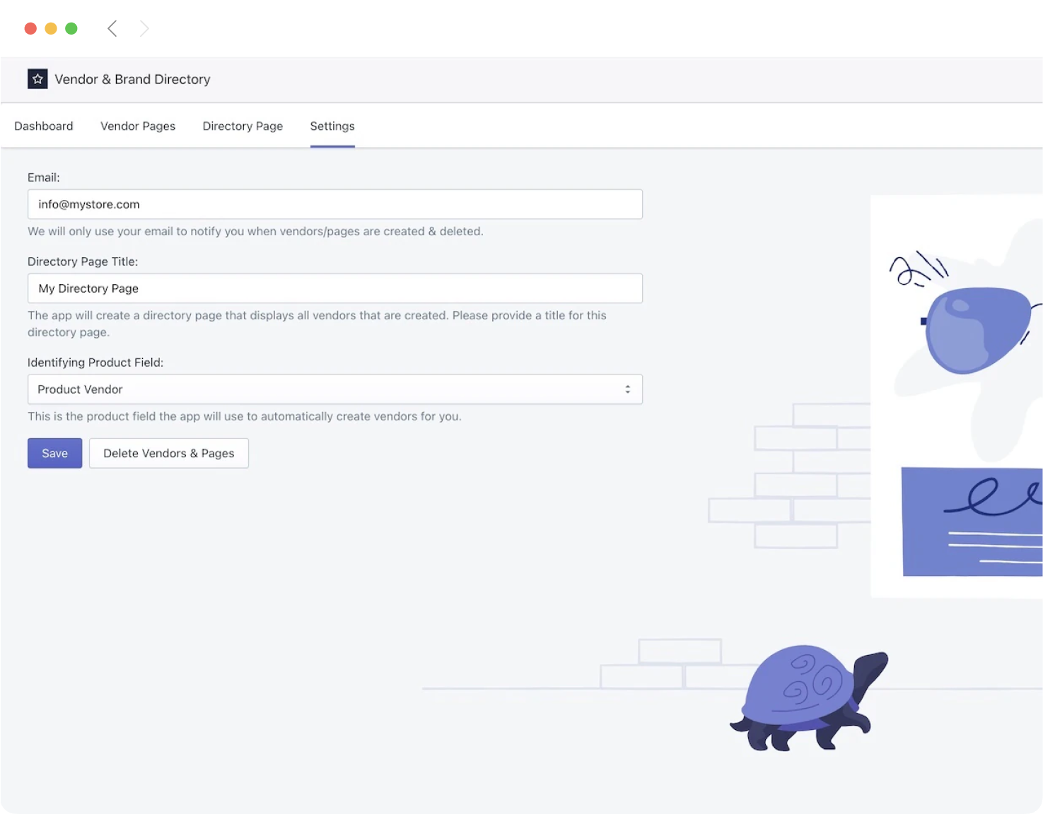 Brandscape app settings page for managing vendor pages and directory title with automated vendor creation and email notifications, used for ecommerce brand directories.