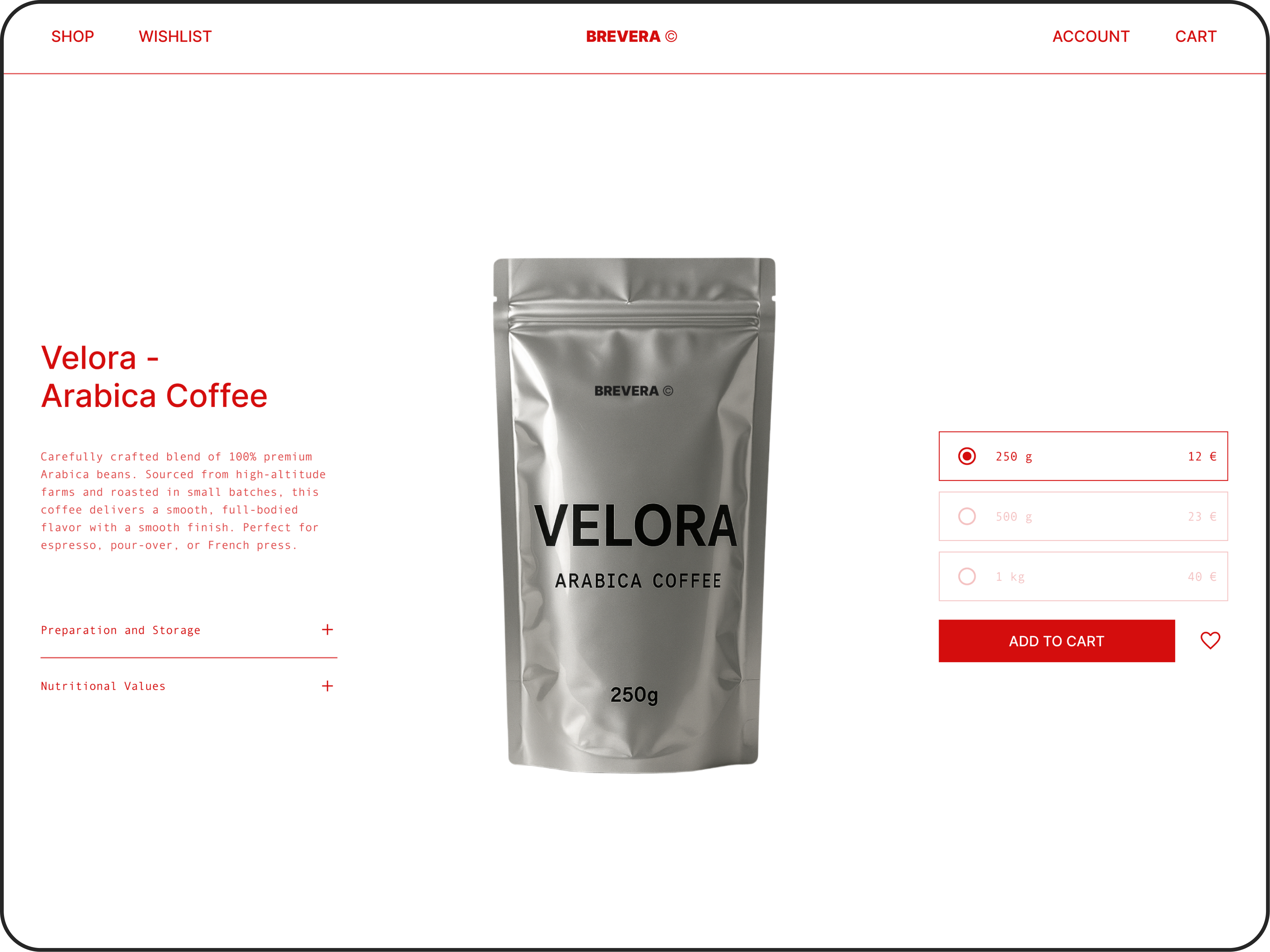 Unitpricer Shopify POS interface showing Velora Arabica Coffee product page with weight options and clear unit pricing, illustrating dynamic pricing, volume discounts, and sales management features.
