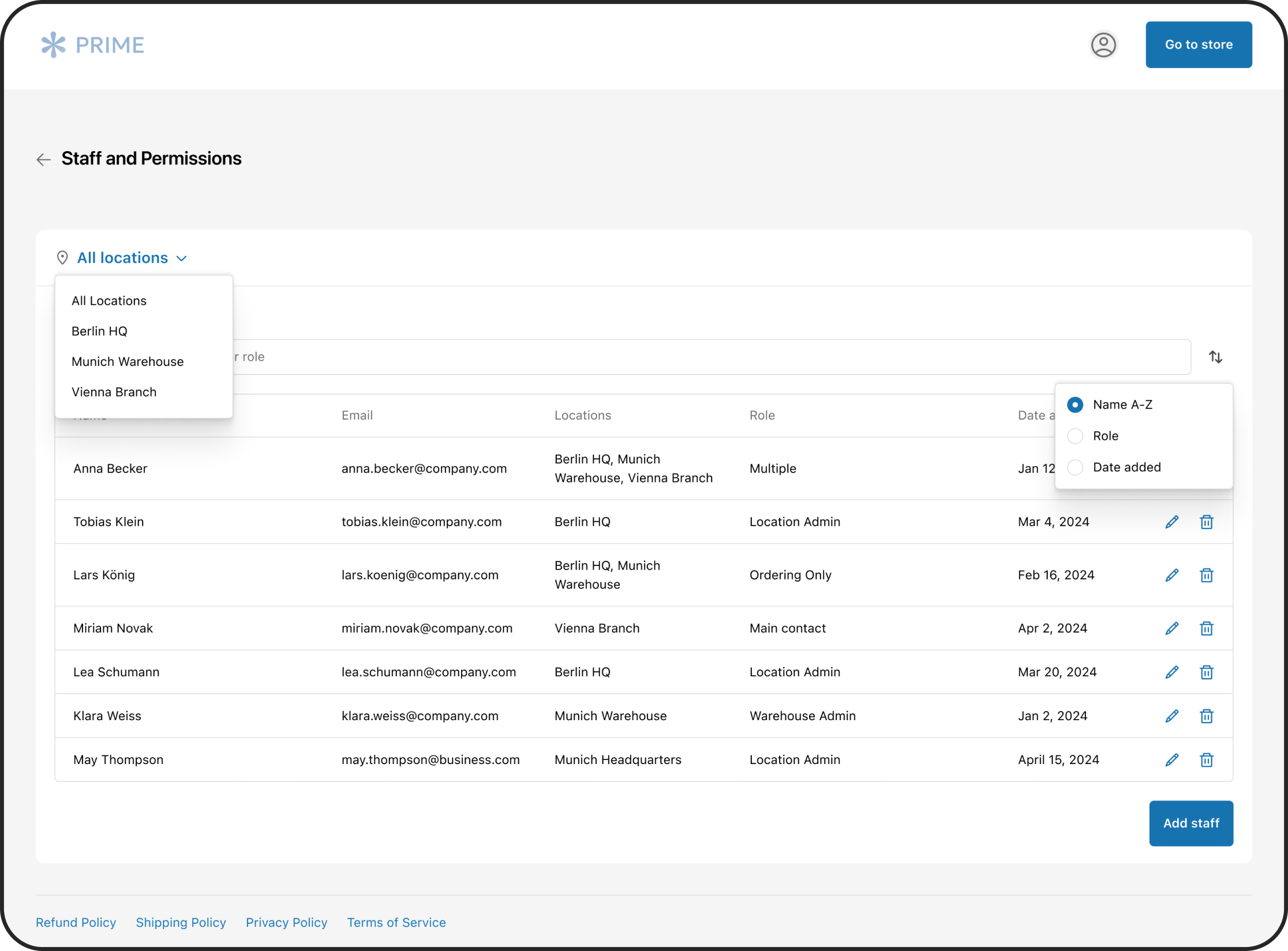B2B Account Management dashboard for Shopify showing staff permissions and company account settings, enabling wholesale buyers to self-manage team roles, locations, and orders.