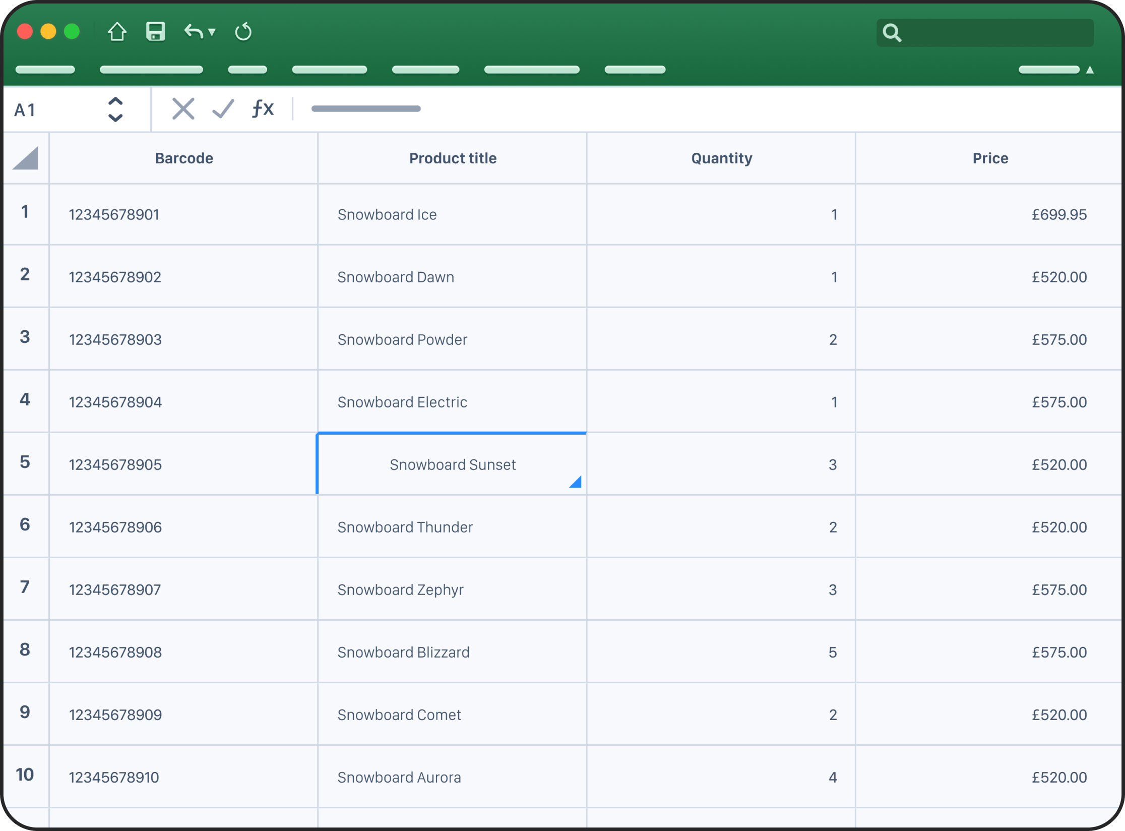 Shopify app LoadCart interface showing a spreadsheet view of a shopping cart with columns for Barcode, Product Title (e.g., Snowboard Ice, Snowboard Sunset), Quantity, and Price. The app is promoted as a tool to simplify bulk orders, reorders, and cart management by allowing users to upload CSV files and populate the cart instantly using SKUs or GTINs, which is crucial for B2B e-commerce efficiency and automation.