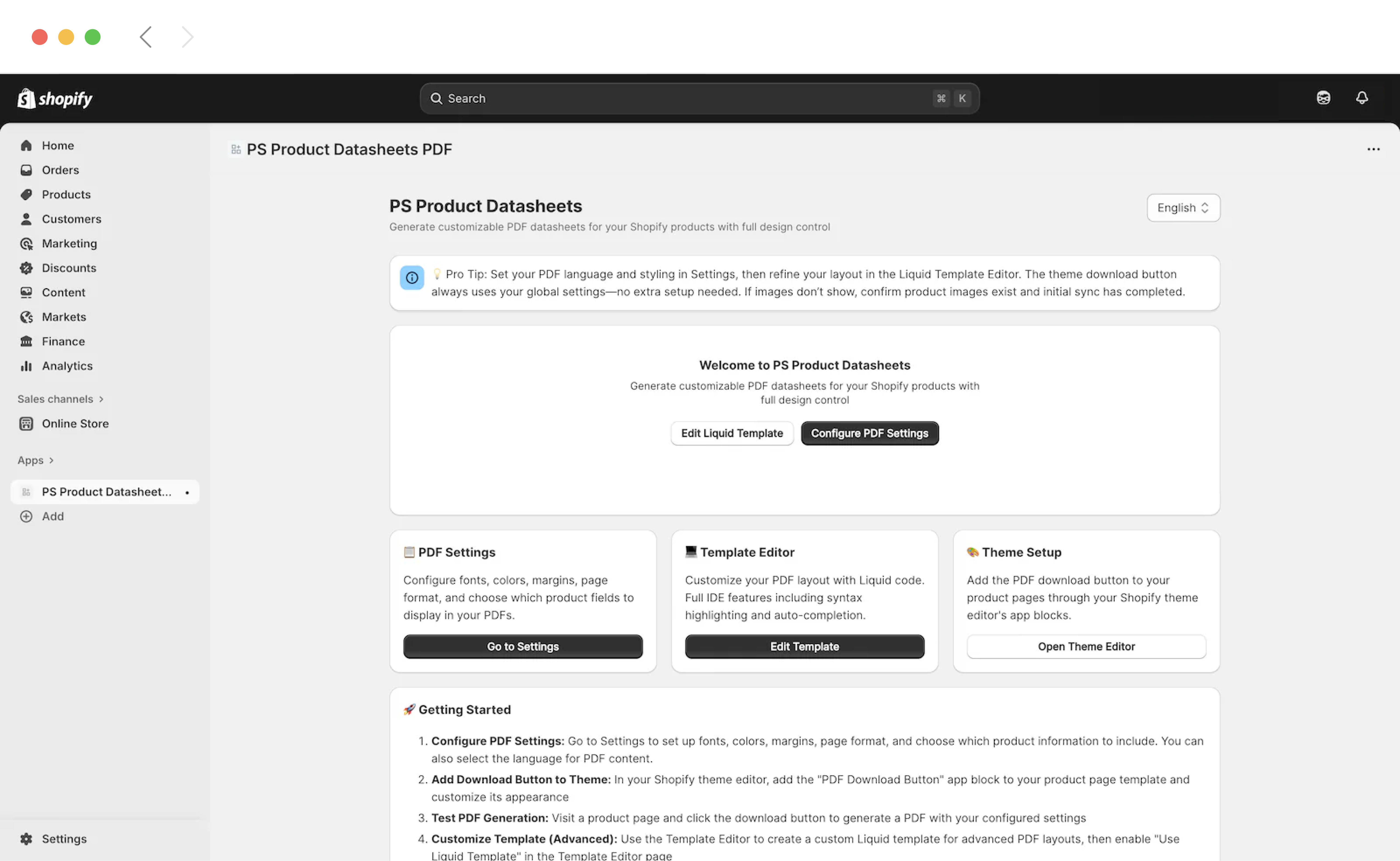 The mockup illustrates Quick Setup & Automated Updates, showing the app's settings panel where users configure PDF Download Buttons and confirm that product information is automatically pulled from the store, ensuring no manual updates are required.