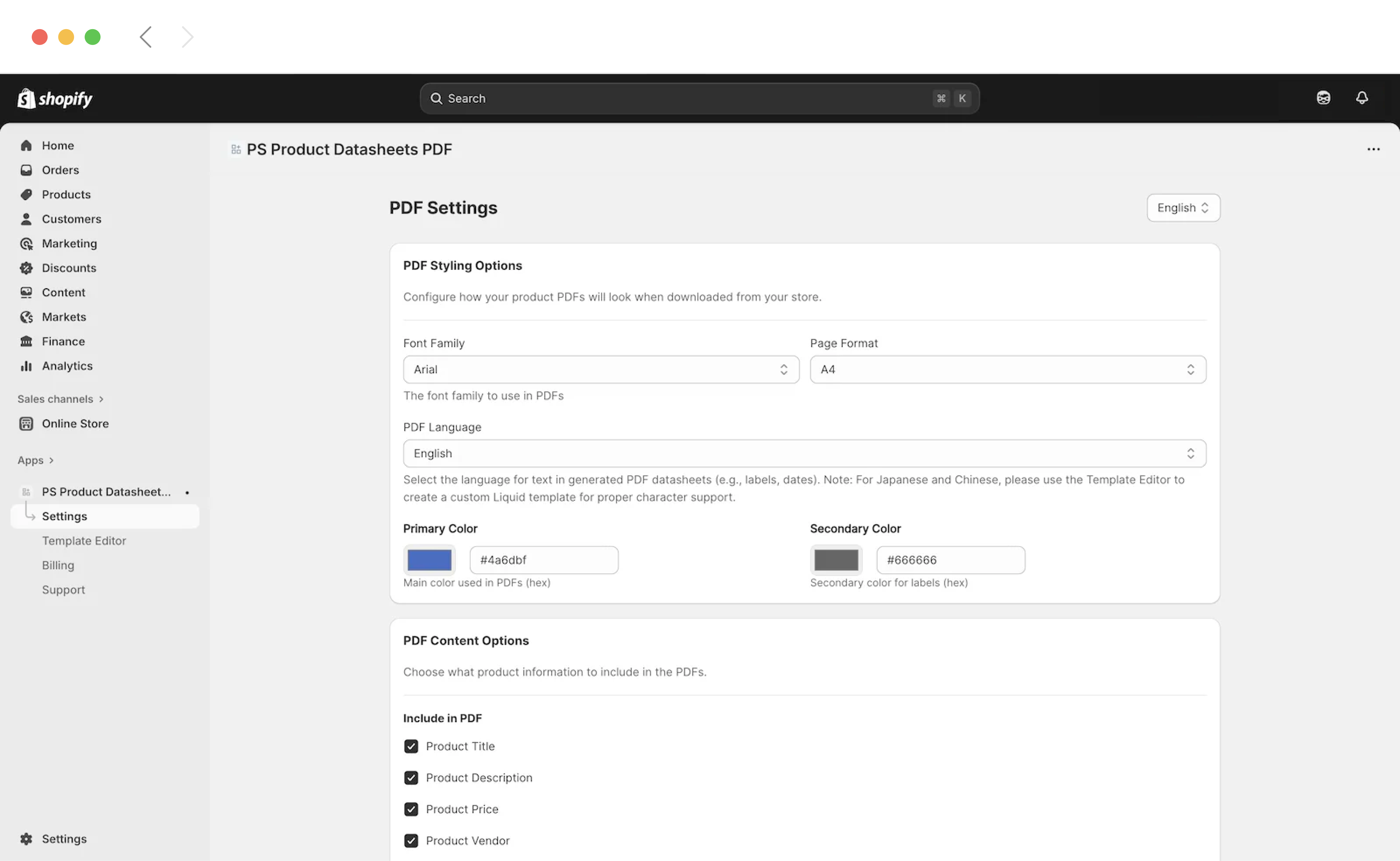 The mockup details Fully Customizable Design & Content via the PDF Settings panel, allowing control over Font, Page Size, Color Palette, and the ability to select which product details (Title, Price, Vendor) are included, along with setting the PDF Language for localization.