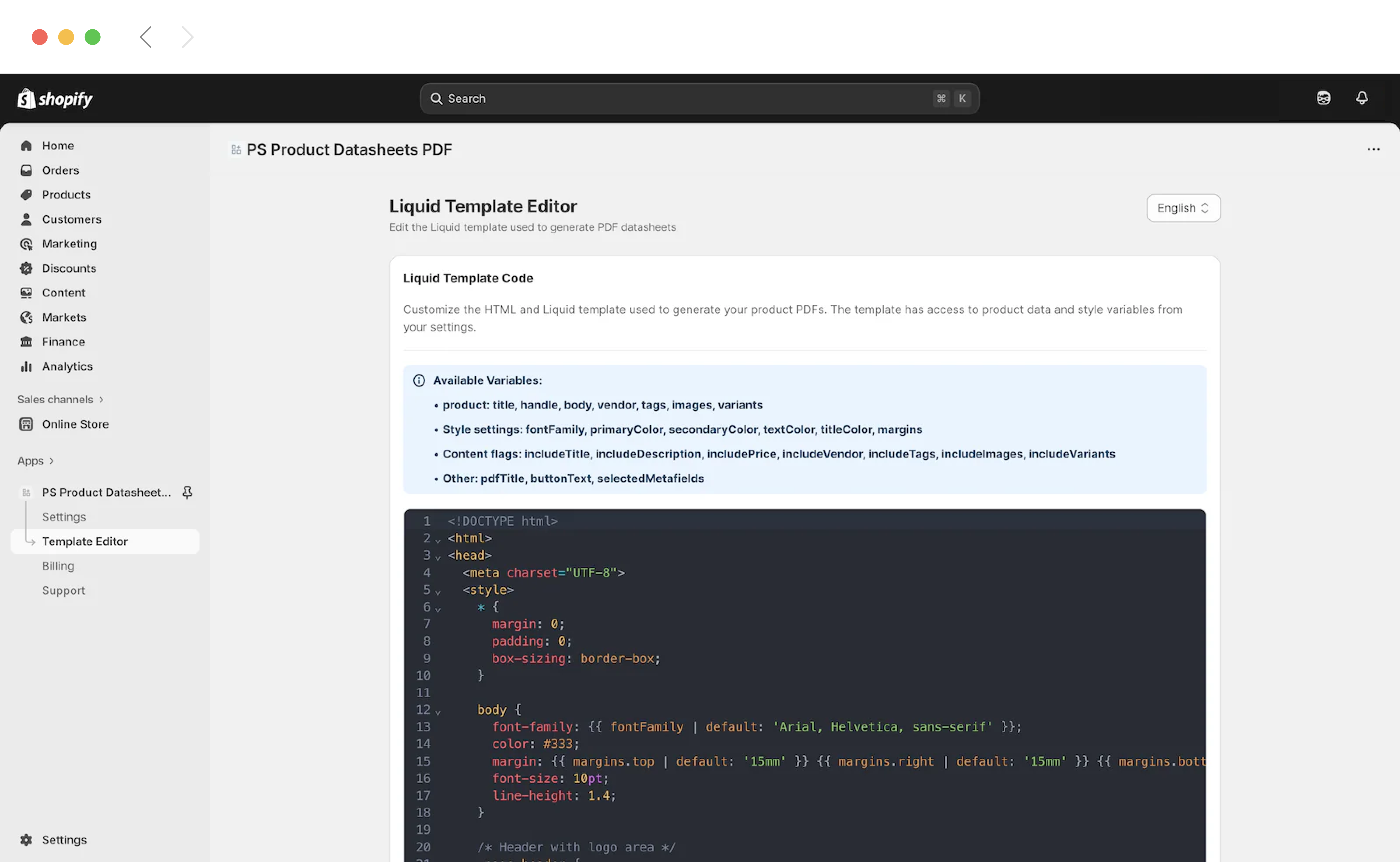 The mockup displays the Advanced Layout & Typography Control using the built-in Liquid Template Editor, enabling developers and advanced users to customize the design, style, and content of the datasheets using Liquid, HTML, and CSS for unique, detailed, and brand-consistent PDF documents for technical or high-value products.