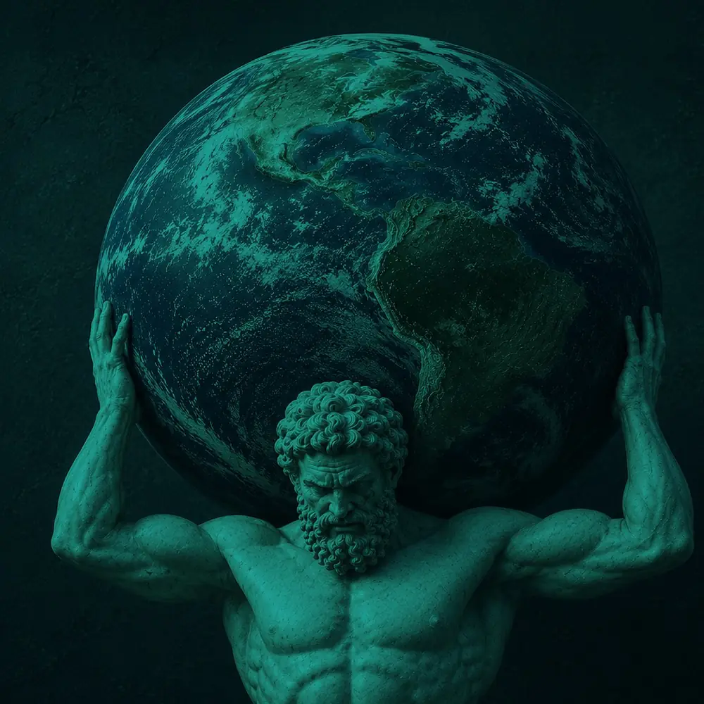 Atlas sustentando o mundo — key visual 2026