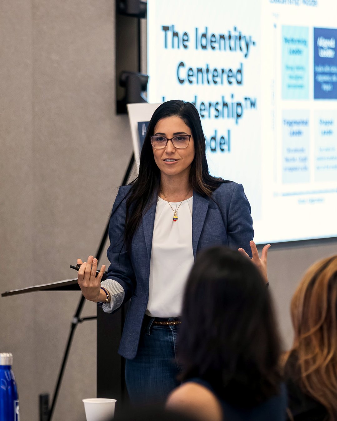 Nayli Russo Long facilitating a session in front of the Identity-Centered Leadership Model
