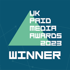 UK Paid Media Awards 2023 winner badge with geometric blue and green background.