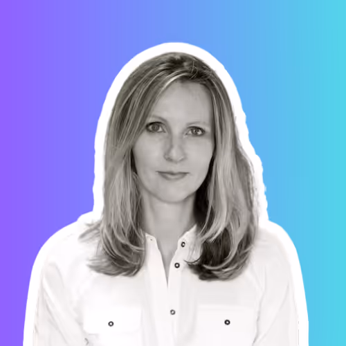 Portrait of a woman with shoulder-length blonde hair wearing a white button-up shirt against a purple to teal gradient background.