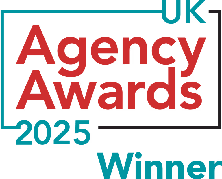 UK Agency Awards 2025 Winner logo with stylized bordered text in teal and red.