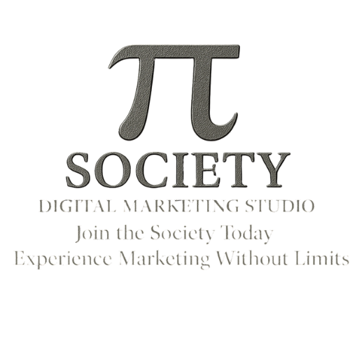 Logo featuring the Pi symbol above the word Society, with text reading 'Digital Marketing Studio, Join the Society Today, Experience Marketing Without Limits'.
