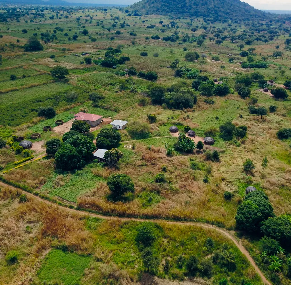 A rural landscape with scattered trees, a few small buildings with red and white roofs, and clusters of round huts surrounded by green fields and hills in the background.