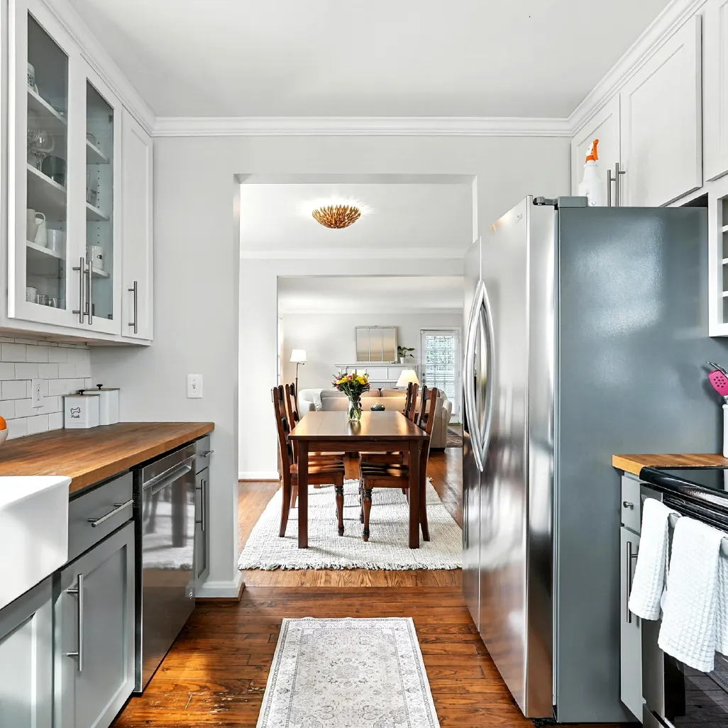 Bright kitchen with wooden countertops, white cabinets, stainless steel appliances, and view into dining area with wooden table and chairs.