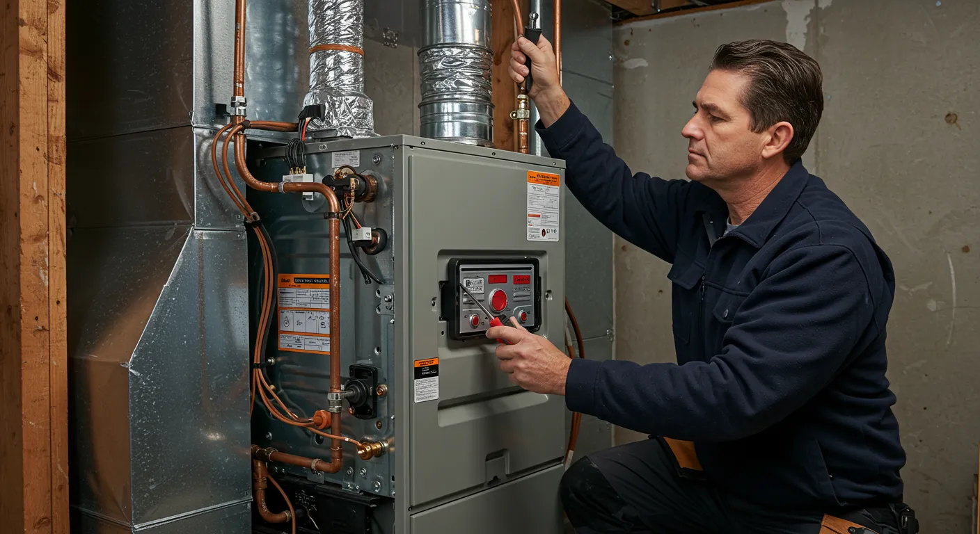 A technician in dark blue attire is repairing an indoor furnace system using a tool