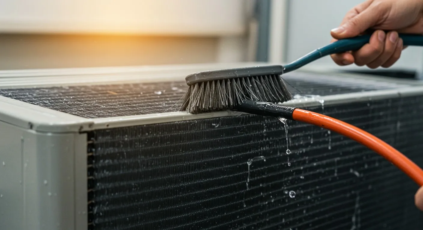 Cleaning AC condenser coils with brush.
