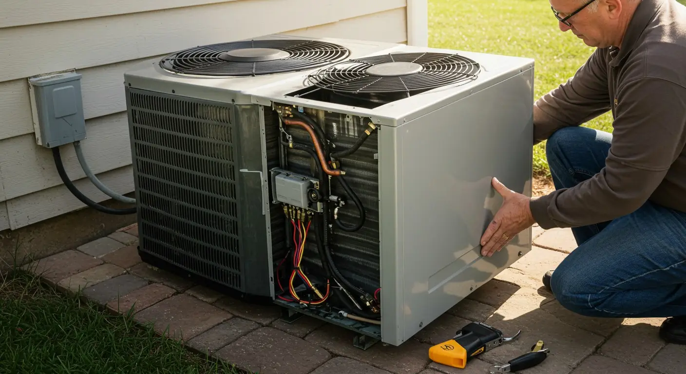 Technician removing panel from AC unit.