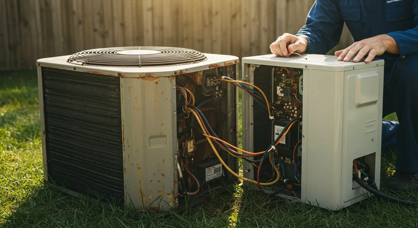 HVAC technician comparing old and new AC.