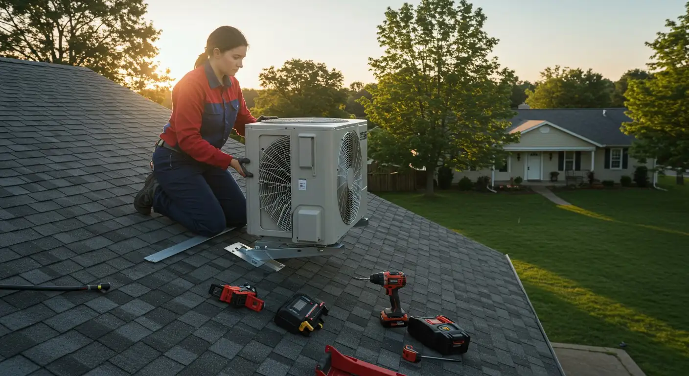Technician installing mini-split outdoor unit on roof.