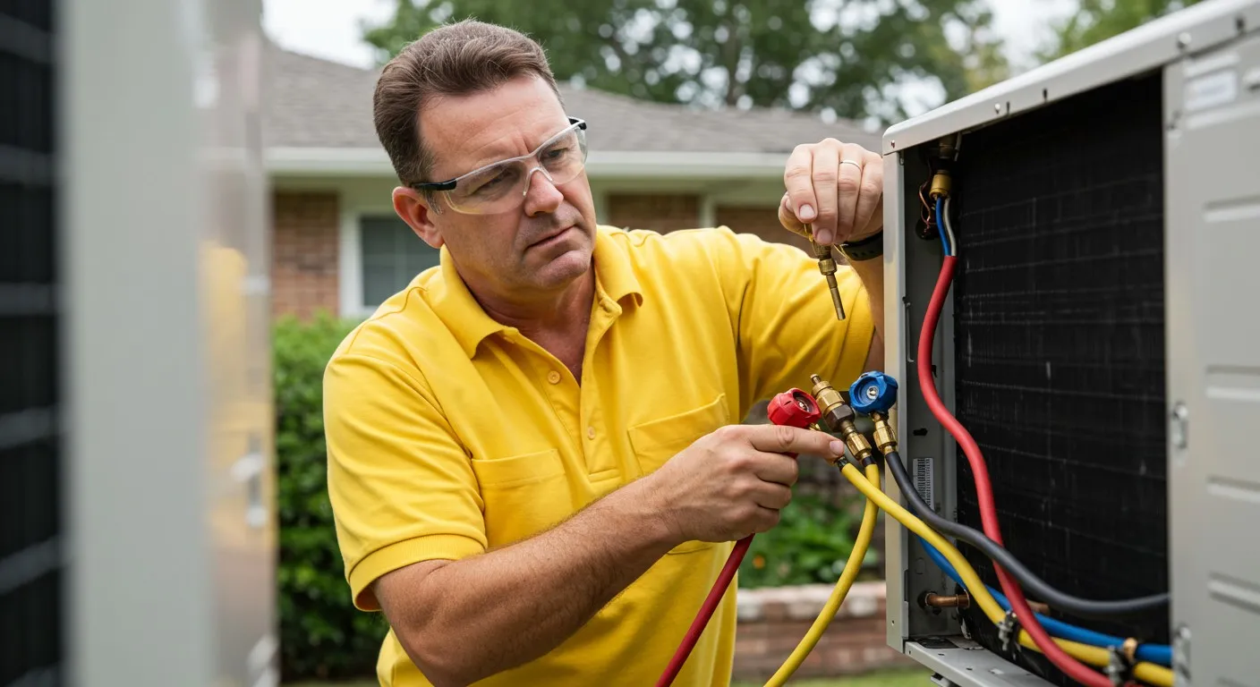 HVAC technician connecting refrigerant manifold gauges.