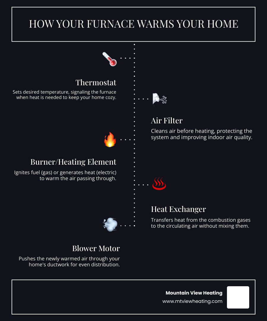 Infographic showing the main components of a home furnace system including thermostat, air filter, blower motor, heat exchanger, burner, and ductwork with labels explaining each part's function in keeping your La Pine home warm - furnace repair la pine or infographic infographic-line-5-steps-dark Infographic showing the main components of a home furnace system including thermostat, air filter, blower motor, heat exchanger, burner, and ductwork with labels explaining each part's function in keeping your La Pine home warm - furnace repair la pine or infographic infographic-line-5-steps-dark