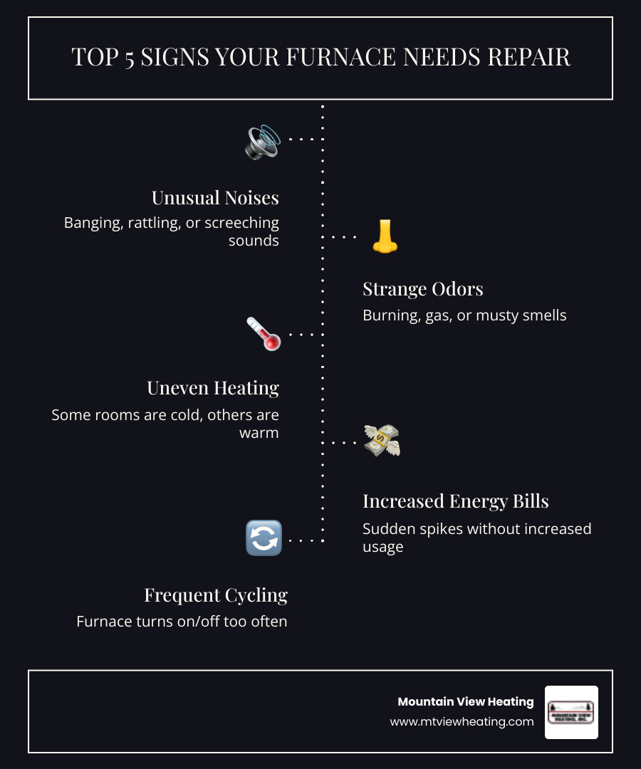 Infographic showing the top 5 signs your furnace needs repair: unusual noises like banging or rattling, strange burning or gas odors, rooms heating unevenly throughout your home, sudden spikes in your energy bills, and your furnace cycling on and off frequently - furnace repair bend or infographic infographic-line-5-steps-dark