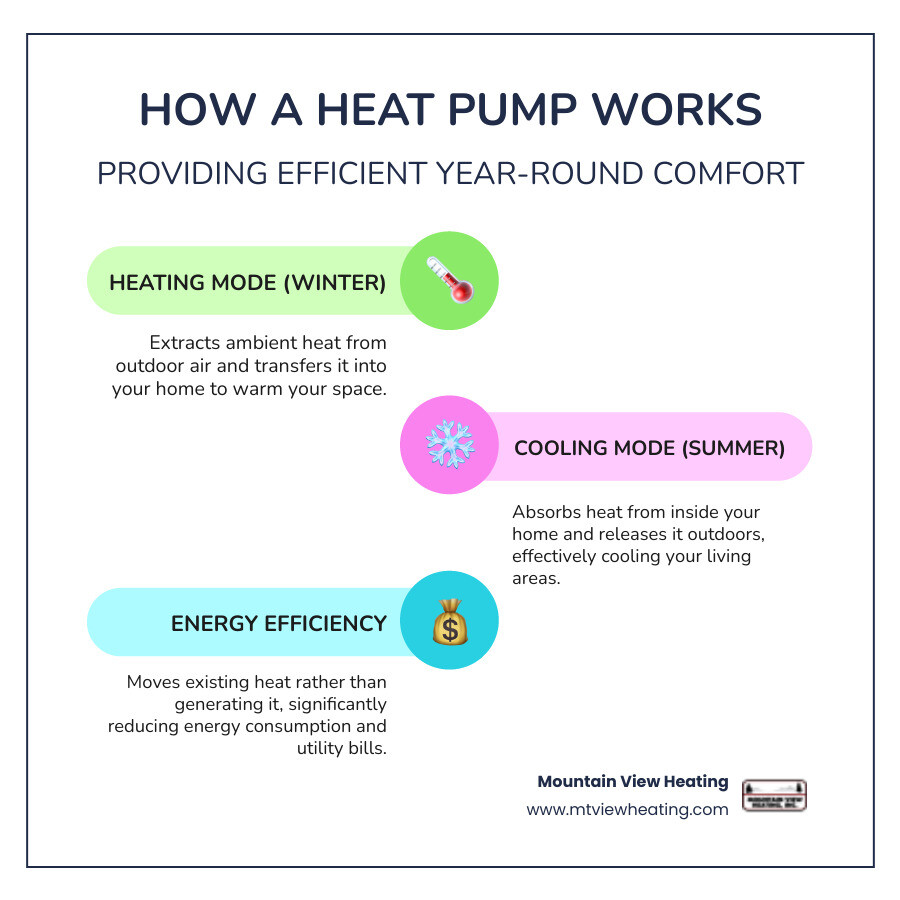 Infographic showing how heat pumps work by transferring heat from outside air into your home during winter and reversing the process in summer, with labeled components including outdoor unit, indoor air handler, refrigerant lines, and compressor - best heat pump installation in redmond, or infographic infographic-line-3-steps-colors