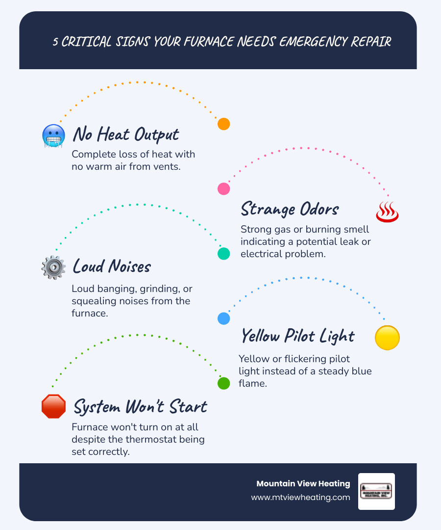 Infographic showing the 5 critical signs your furnace needs emergency repair: 1. Complete loss of heat with no warm air from vents, 2. Strong gas or burning smell indicating potential leak or electrical problem, 3. Loud banging, grinding, or squealing noises from the furnace, 4. Yellow or flickering pilot light instead of steady blue flame, 5. Furnace won't turn on at all despite thermostat being set correctly - 24 hour furnace repair in bend, or infographic infographic-line-5-steps-blues-accent_colors