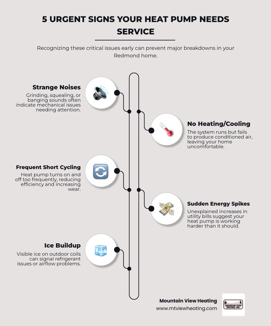 Infographic showing 5 warning signs your heat pump needs immediate maintenance: unusual grinding or squealing noises, no heating or cooling output, frequent short cycling on and off, sudden spike in energy bills, and visible ice buildup on outdoor unit coils - same day heat pump maintenance in redmond, or infographic infographic-line-5-steps-elegant_beige