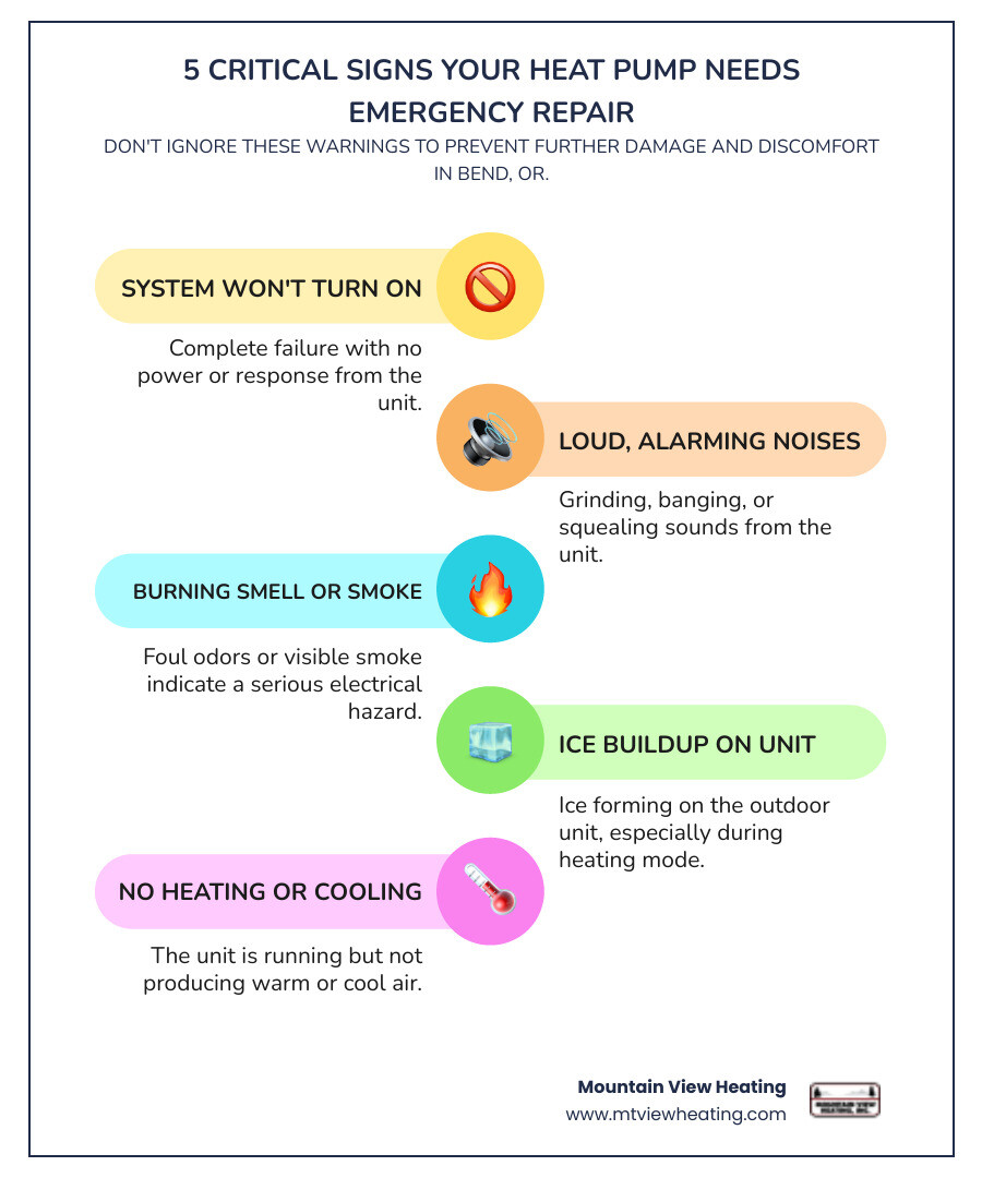 Infographic showing 5 critical signs your heat pump needs emergency repair: 1) Complete system failure with no power or response, 2) Loud grinding, banging, or squealing noises, 3) Burning smell or visible smoke from unit, 4) Ice buildup on outdoor unit during heating mode, 5) No warm or cool air despite system running - emergency heat pump repair in bend, or infographic infographic-line-5-steps-colors