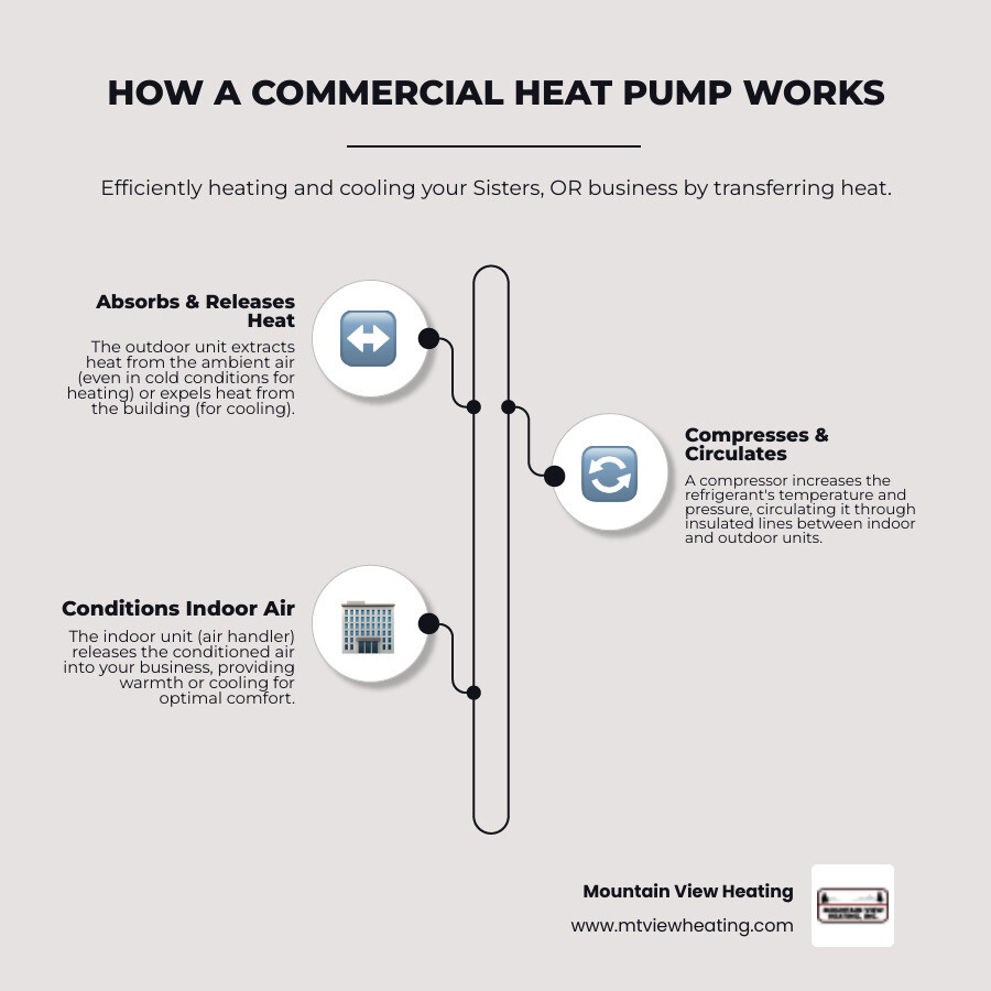 infographic showing how a commercial heat pump transfers heat between indoor and outdoor units for both heating and cooling, with arrows indicating heat flow direction, energy savings percentages, and key components like the compressor, refrigerant lines, and air handlers - commercial heat pump in sisters, or infographic infographic-line-3-steps-elegant_beige