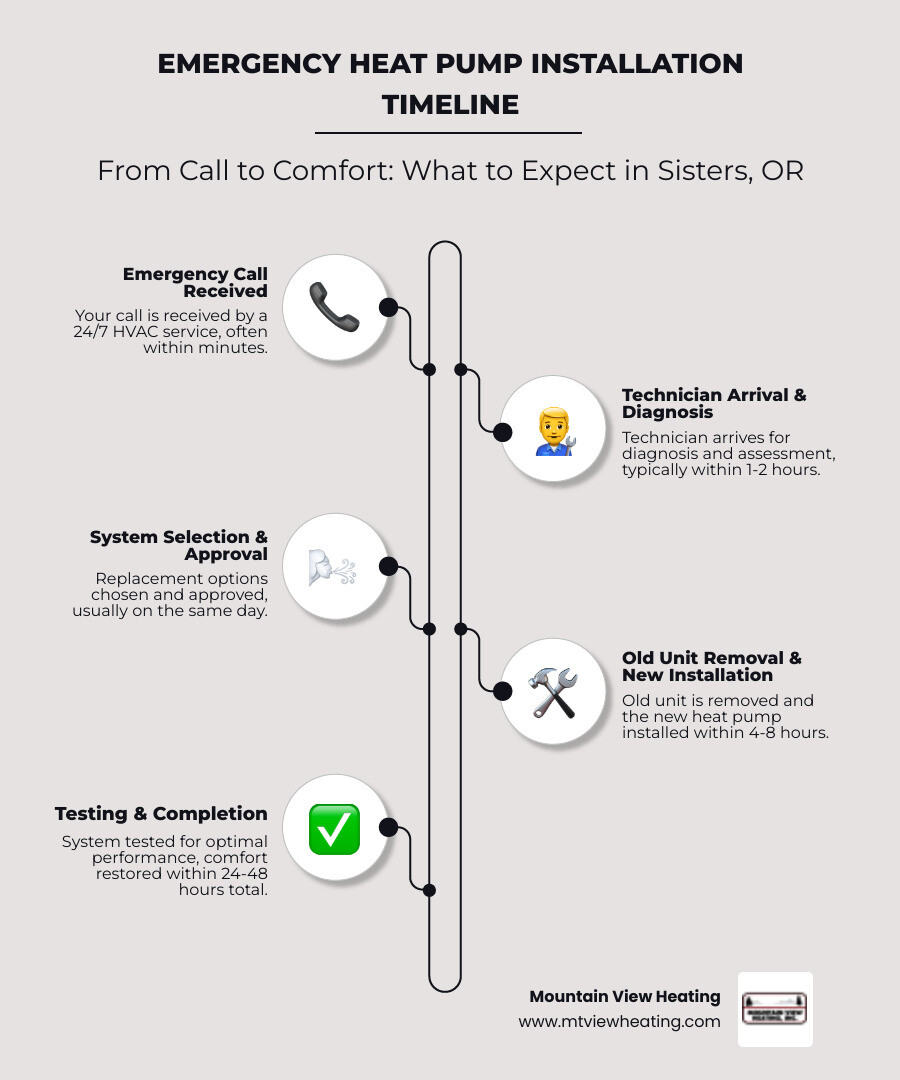 Infographic showing emergency heat pump installation timeline: Step 1 - Emergency call received (within minutes), Step 2 - Technician arrival and diagnosis (1-2 hours), Step 3 - System selection and approval (same day), Step 4 - Old unit removal and new installation (4-8 hours), Step 5 - Testing and completion (within 24-48 hours total). Includes icons for phone, technician, heat pump unit, tools, and checkmark. - emergency heat pump installation in sisters, or infographic infographic-line-5-steps-elegant_beige Infographic showing emergency heat pump installation timeline: Step 1 - Emergency call received (within minutes), Step 2 - Technician arrival and diagnosis (1-2 hours), Step 3 - System selection and approval (same day), Step 4 - Old unit removal and new installation (4-8 hours), Step 5 - Testing and completion (within 24-48 hours total). Includes icons for phone, technician, heat pump unit, tools, and checkmark. - emergency heat pump installation in sisters, or infographic infographic-line-5-steps-elegant_beige