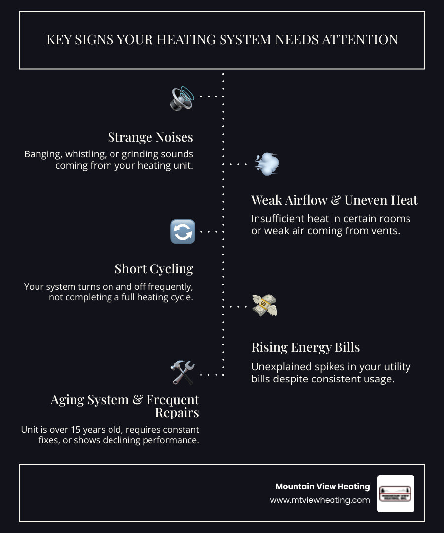 Infographic showing key warning signs your heating system needs attention: strange noises like banging or whistling, weak airflow from vents, yellow pilot light or frequent flame-outs, short cycling on and off, uneven room temperatures, rising energy bills, and system age over 15 years - residential heating service in sisters, or infographic infographic-line-5-steps-dark