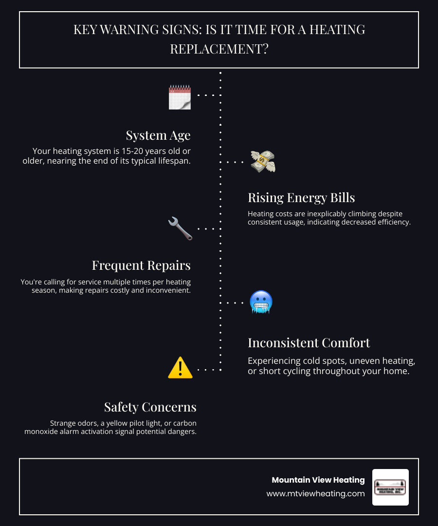 Infographic showing key warning signs for heating replacement: system age over 15 years, rising utility bills, frequent repair calls, uneven heating throughout the home, and safety concerns like strange odors or carbon monoxide alarms - heating replacement in sisters, or infographic infographic-line-5-steps-dark