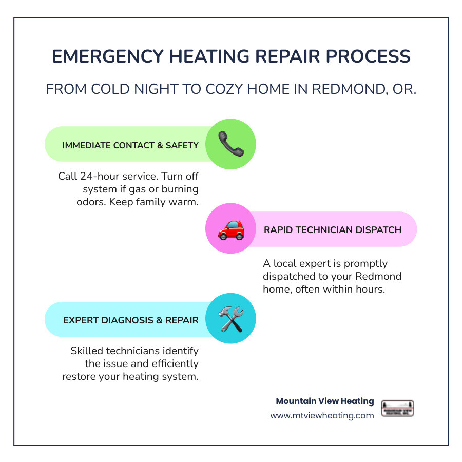 Step-by-step emergency heating repair request process including initial call, safety check, technician dispatch, diagnosis, and repair completion with estimated timeframes for each stage - 24 hour heating repair in redmond, or infographic infographic-line-3-steps-colors