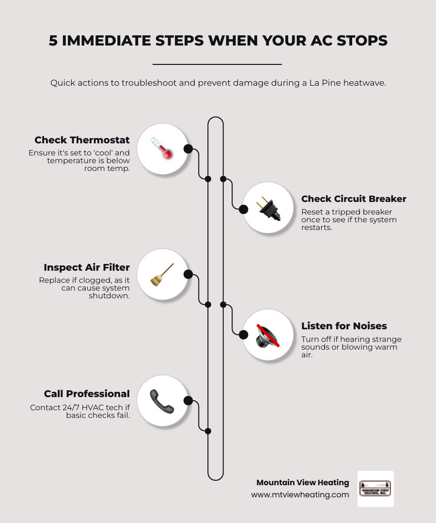 Infographic showing 5 immediate steps to take when your AC stops working in La Pine OR - emergency ac repair in la pine, or Infographic showing 5 immediate steps to take when your AC stops working in La Pine OR - emergency ac repair in la pine, or