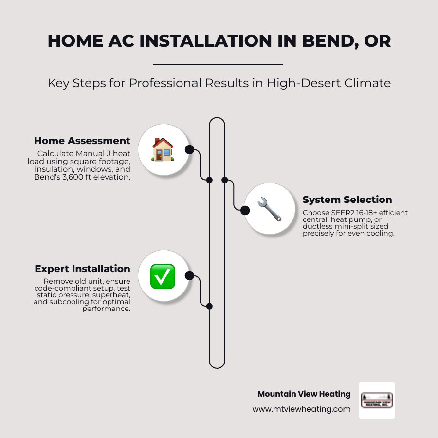 Infographic showing key steps and benefits of professional home AC installation in Bend OR - home ac installation in bend
