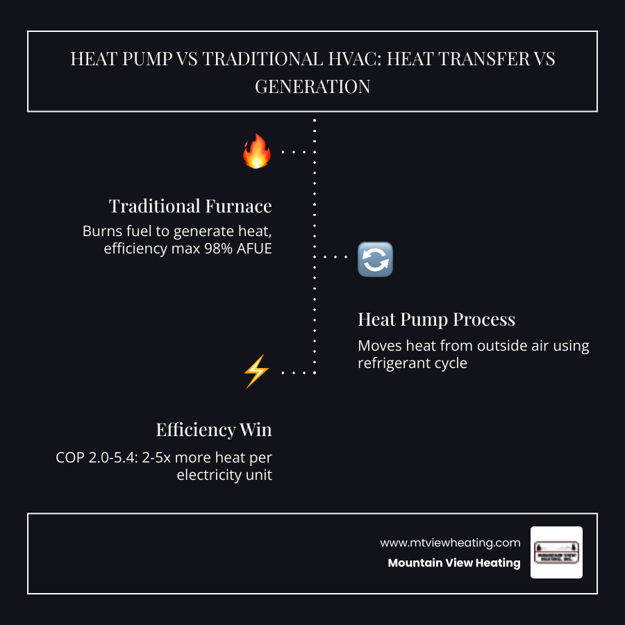 Infographic comparing heat pump heat transfer process versus heat generation in traditional furnaces - heat pump advantages Infographic comparing heat pump heat transfer process versus heat generation in traditional furnaces - heat pump advantages