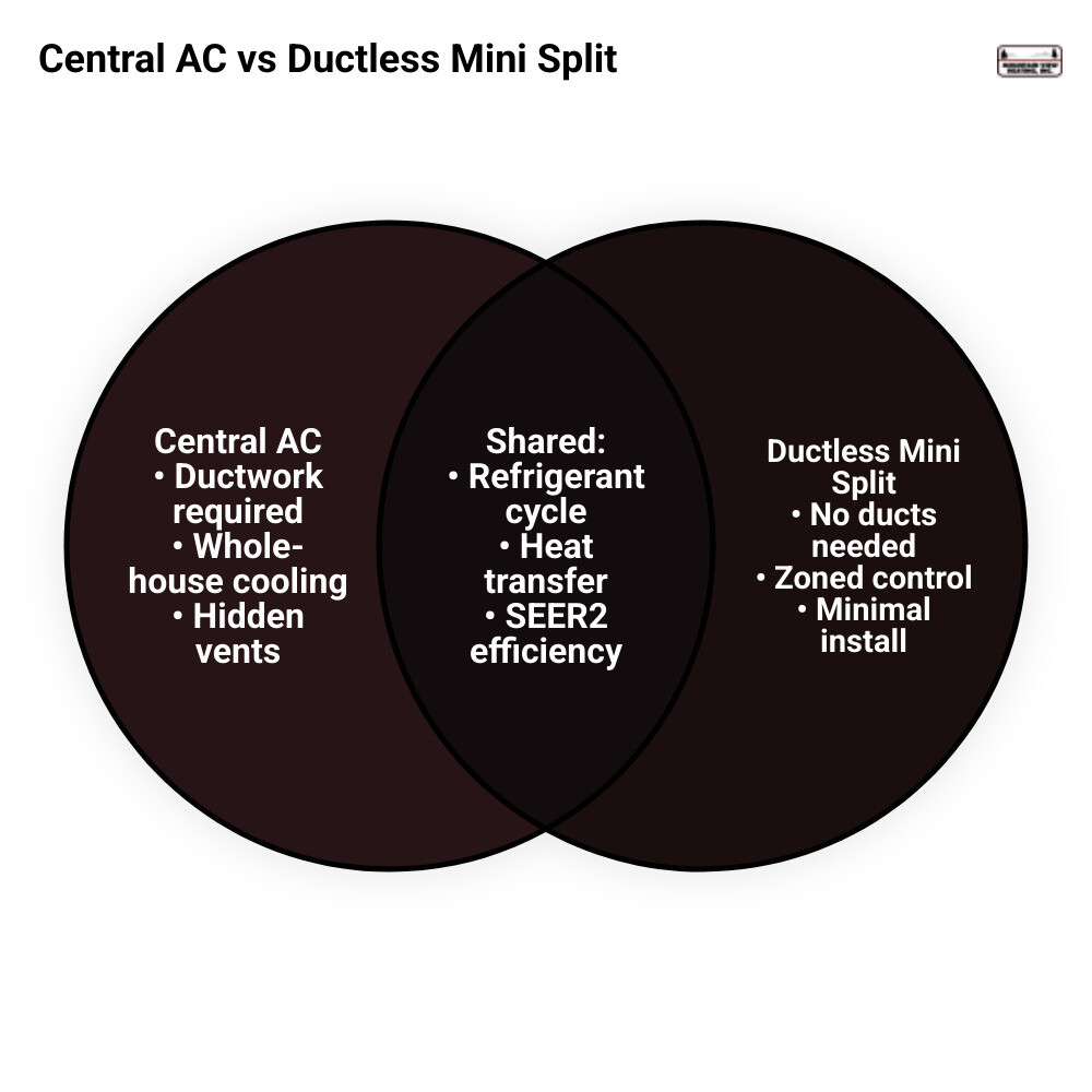 Infographic comparing central AC vs ductless mini split systems on efficiency, zoning, cost, and installation - central ac