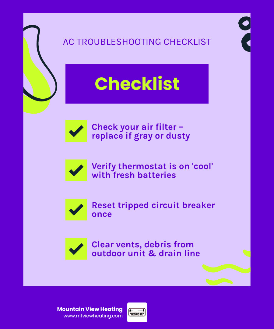 Infographic showing 7 AC troubleshooting steps before calling a pro: filter, thermostat, breaker, outdoor unit, vents, drain Infographic showing 7 AC troubleshooting steps before calling a pro: filter, thermostat, breaker, outdoor unit, vents, drain