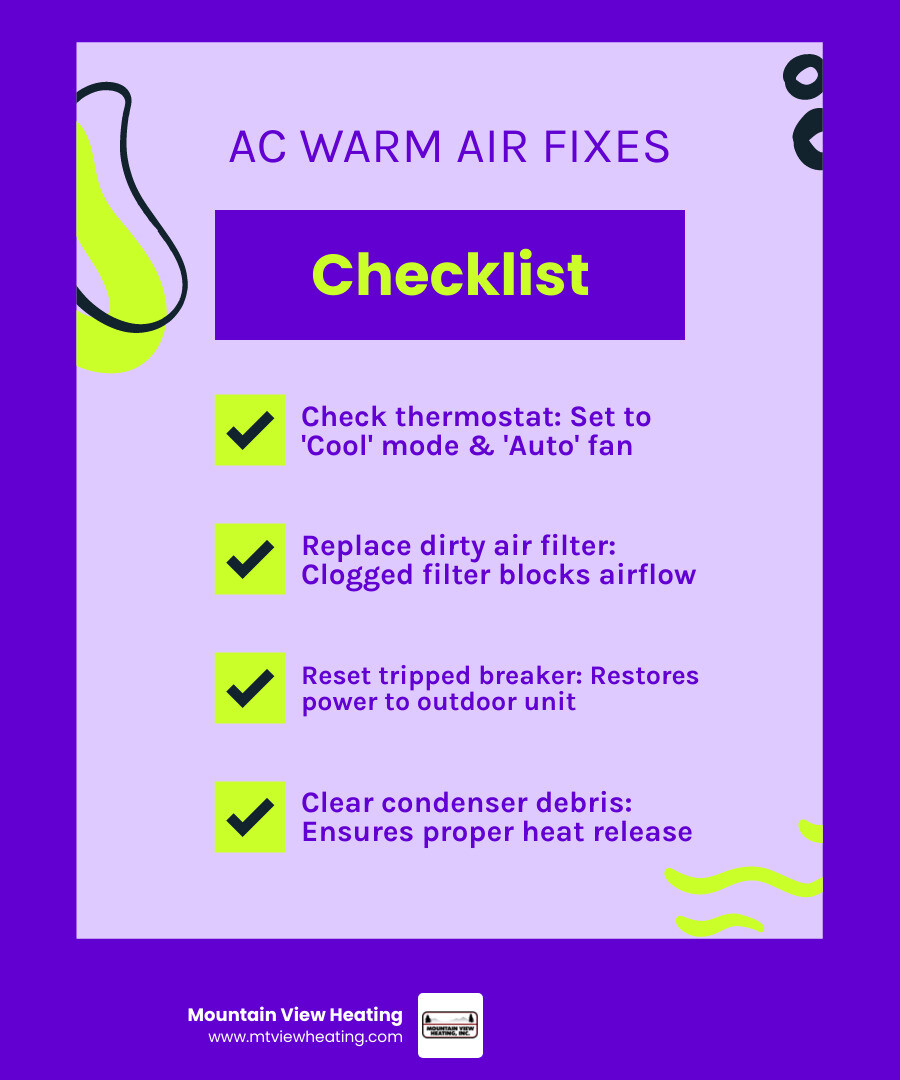 Infographic showing common reasons AC blows warm air and step-by-step troubleshooting checklist - why is my ac blowing warm Infographic showing common reasons AC blows warm air and step-by-step troubleshooting checklist - why is my ac blowing warm