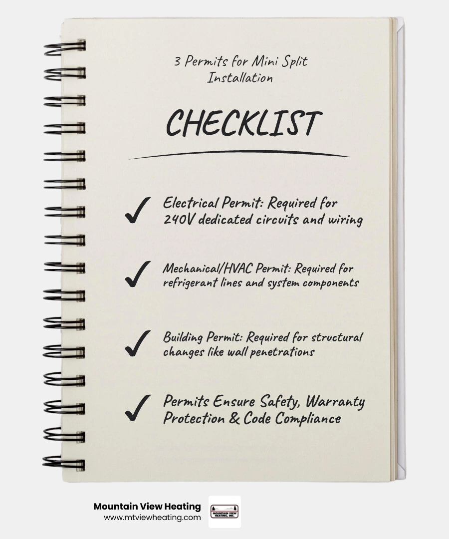 Infographic showing 3 permits needed for mini split installation: electrical, mechanical, and building - what permits are Infographic showing 3 permits needed for mini split installation: electrical, mechanical, and building - what permits are