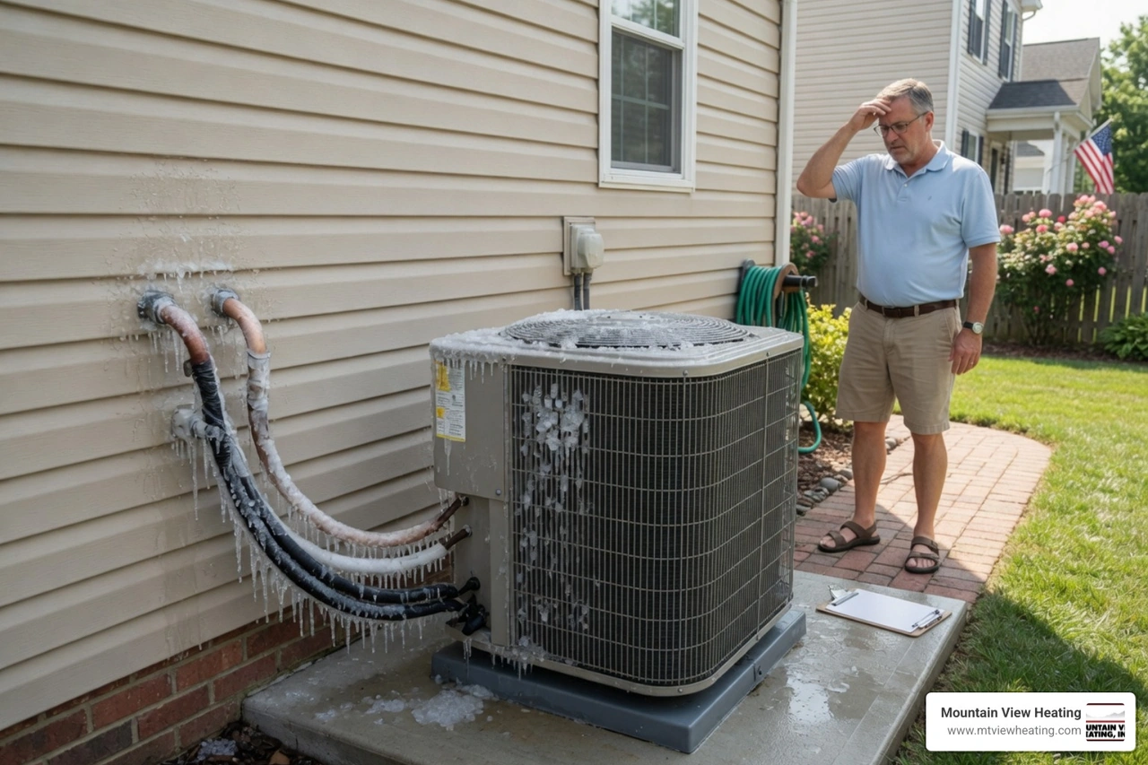 iced refrigerant line outside AC with homeowner noticing warm air and unusual symptoms iced refrigerant line outside AC with homeowner noticing warm air and unusual symptoms