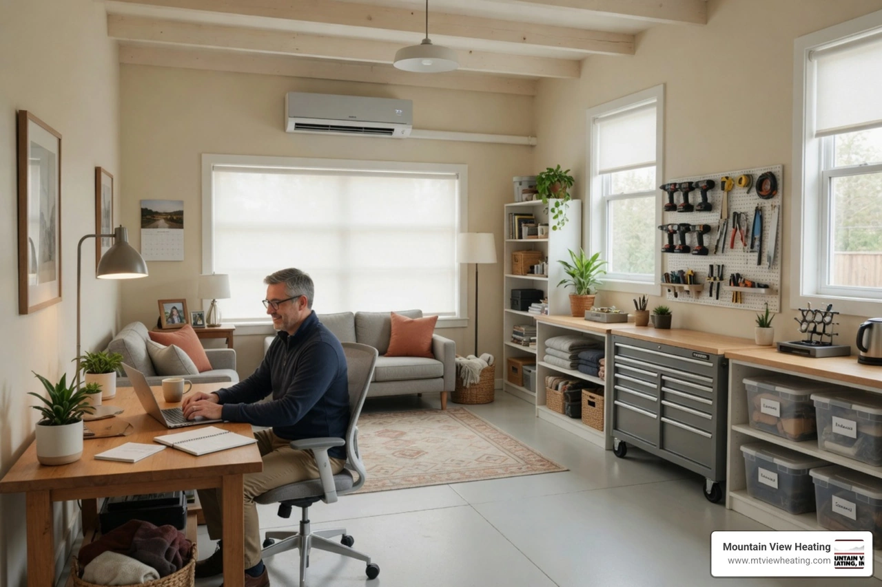 A homeowner working in a comfortable garage workshop conversion A homeowner working in a comfortable garage workshop conversion