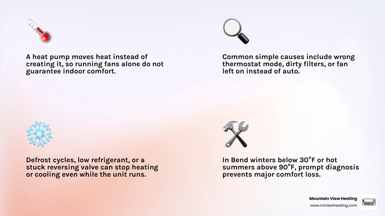 Infographic showing common reasons a heat pump runs but fails to heat or cool, including thermostat errors, dirty filters