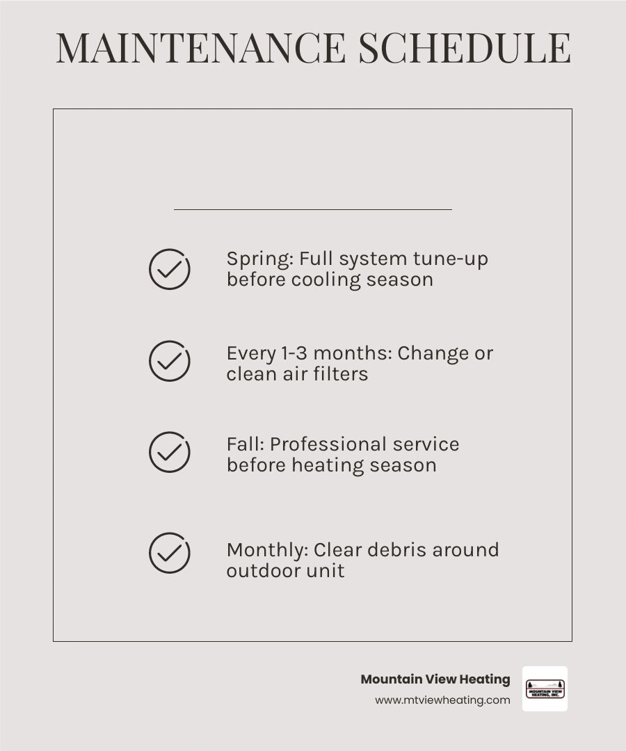 Heat pump maintenance schedule infographic showing monthly DIY tasks and twice-yearly professional service infographic Heat pump maintenance schedule infographic showing monthly DIY tasks and twice-yearly professional service infographic