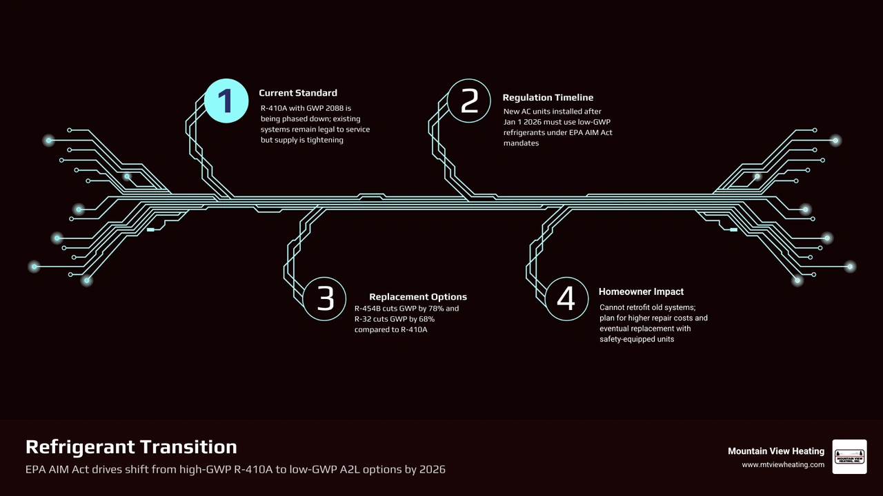 Infographic showing transition from R-410A to A2L refrigerants R-454B and R-32 with GWP values and key homeowner impacts Infographic showing transition from R-410A to A2L refrigerants R-454B and R-32 with GWP values and key homeowner impacts