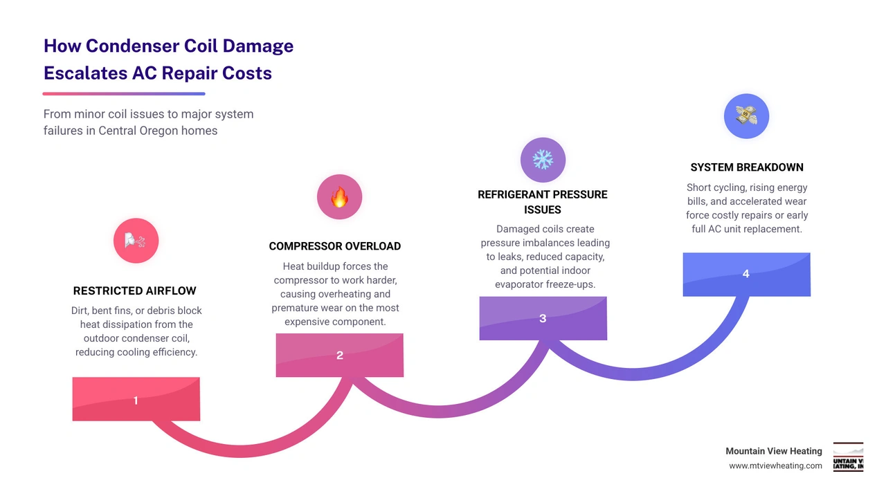 Infographic showing how condenser coil damage leads to costly AC repair through energy loss, compressor strain, and Infographic showing how condenser coil damage leads to costly AC repair through energy loss, compressor strain, and