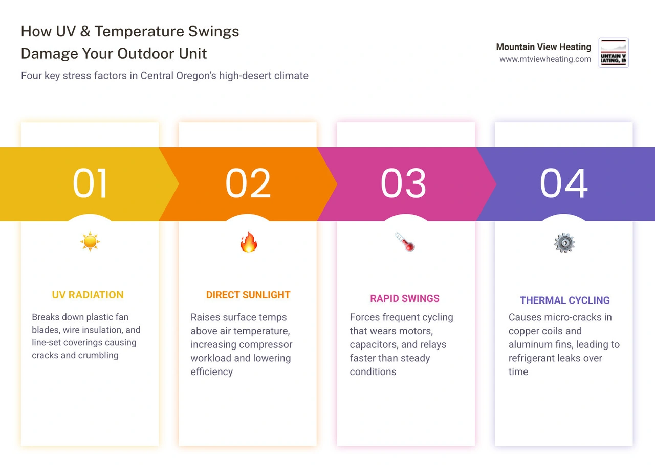 Infographic showing how solar heat loads and UV radiation affect outdoor HVAC condenser components infographic Infographic showing how solar heat loads and UV radiation affect outdoor HVAC condenser components infographic