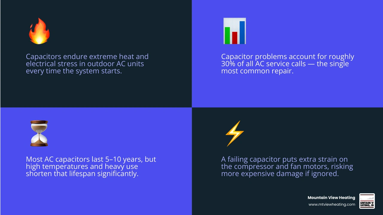 Infographic showing why AC capacitor failure is the most common repair: heat stress, electrical wear, 30% of service calls Infographic showing why AC capacitor failure is the most common repair: heat stress, electrical wear, 30% of service calls