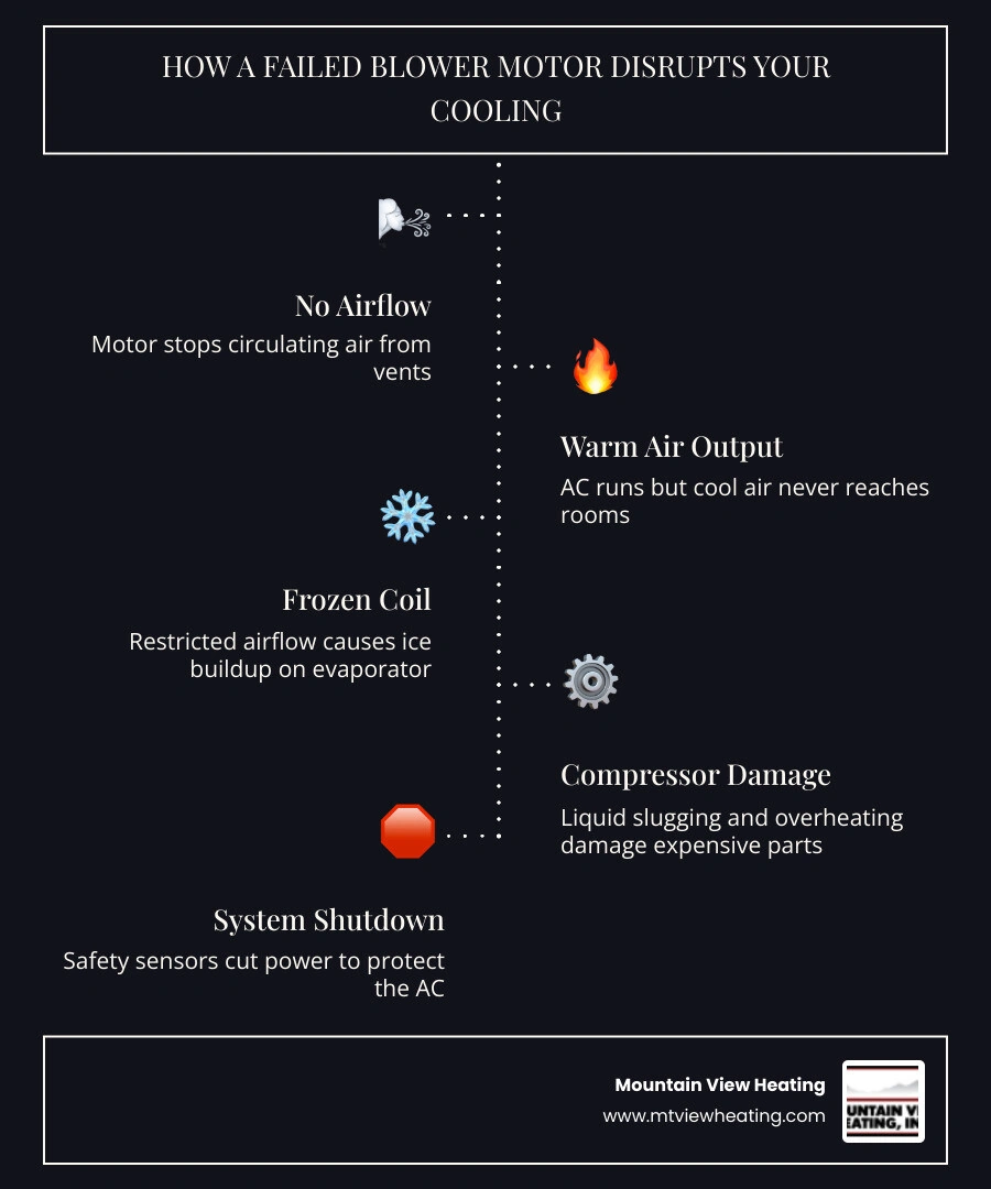 Infographic showing how a failed blower motor disrupts home airflow and causes frozen coils, compressor damage, and energy Infographic showing how a failed blower motor disrupts home airflow and causes frozen coils, compressor damage, and energy