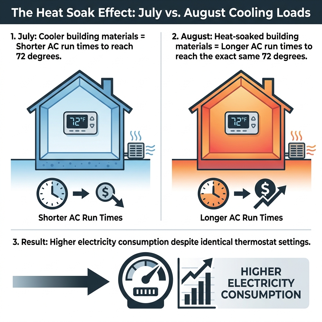 The Heat Soak Effect: July vs. August Cooling Loads