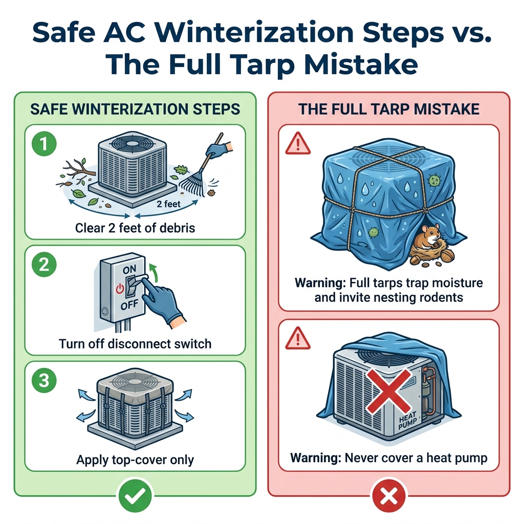 Safe AC Winterization Steps vs. The Full Tarp Mistake